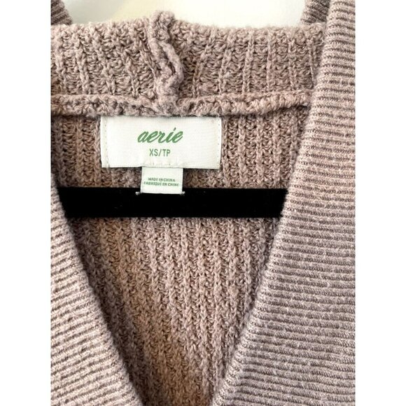 Aerie Cozy Up Waffle knit Sweater Hoodie Color Mauve Womens XS Vneck Oversized - Picture 3 of 6